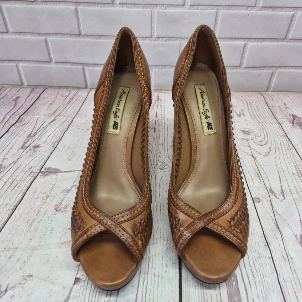 American Eagle Y2K Boho Chunky Braided Faux Leather Open Toe Block Heels 9 1/2 - Picture 6 of 7